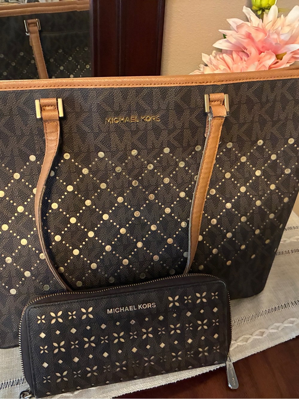 Michael Kors Brown and Gold Logo Tote with Matching Wallet